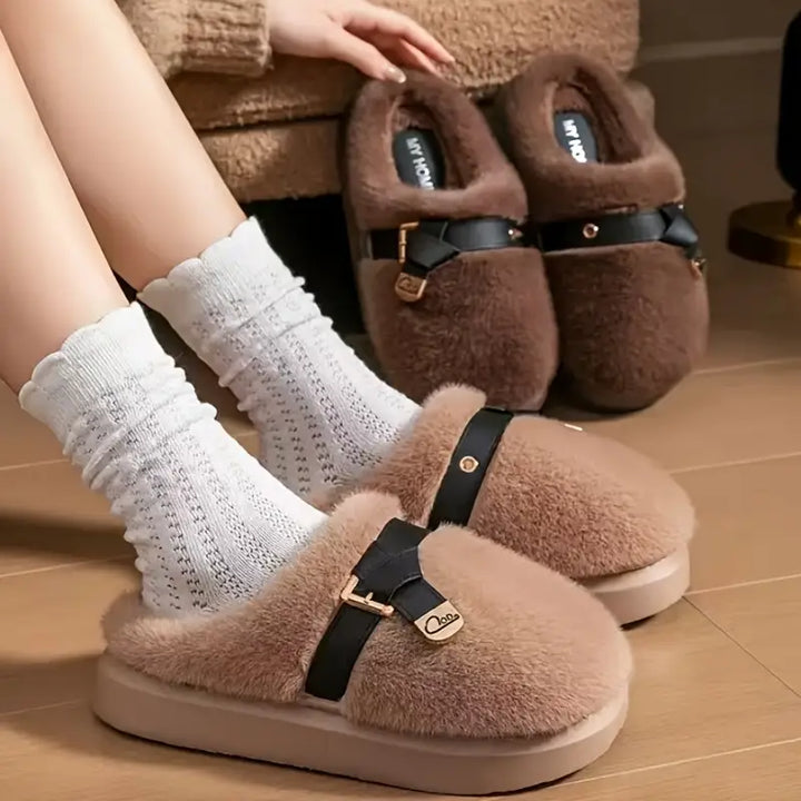 Amelie Buckle Plush Slides