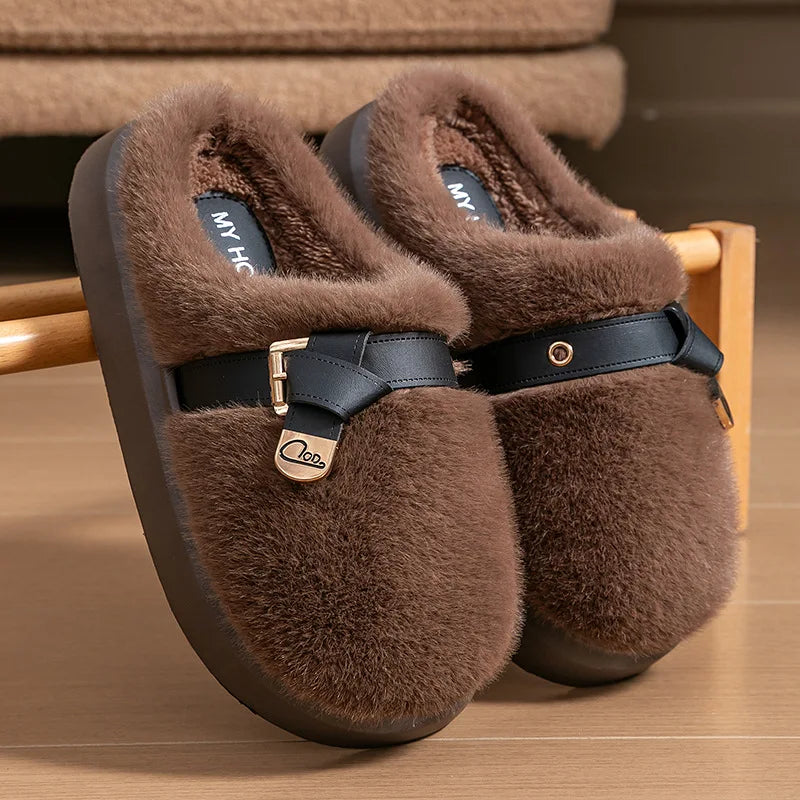 Amelie Buckle Plush Slides