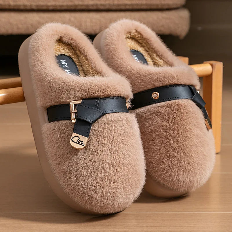 Amelie Buckle Plush Slides