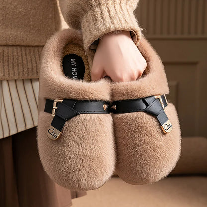 Amelie Buckle Plush Slides