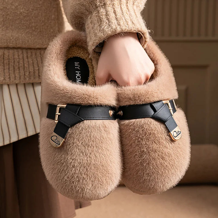 Amelie Buckle Plush Slides