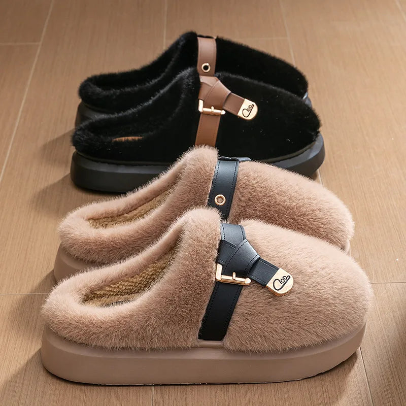 Amelie Buckle Plush Slides