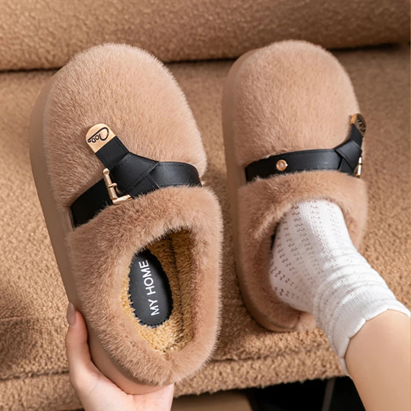 Amelie Buckle Plush Slides