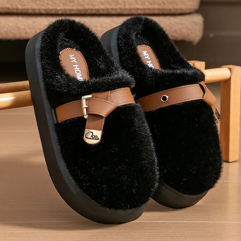 Amelie Buckle Plush Slides